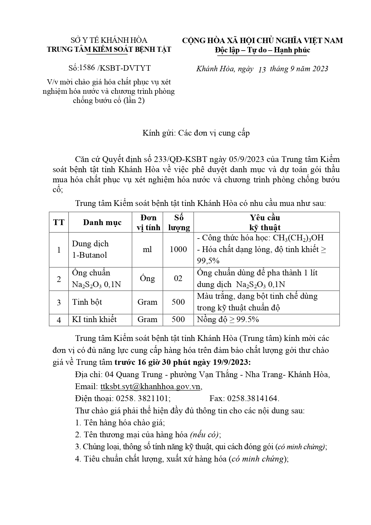 Mời chào giá hóa chất phục vụ xét nghiệm hóa nước và chương trình phòng chống bướu cổ (lần 2)